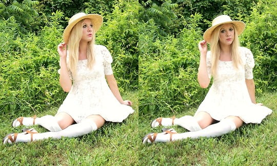 Cotton Knee high socks in white with sandals & a wide brim hat make perfect summer look!
