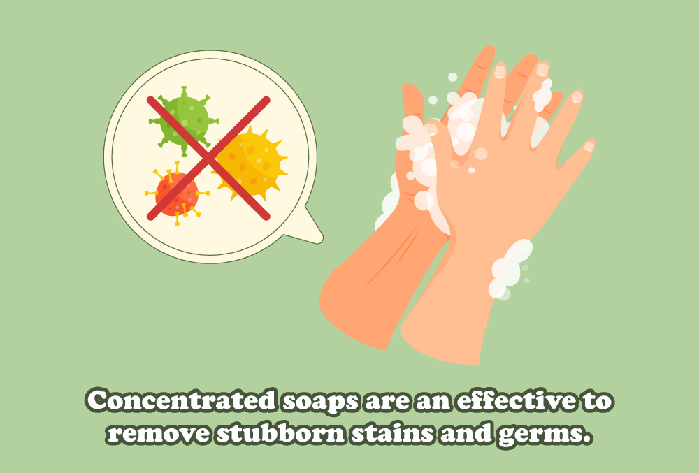 Concentrated soaps are an effective to
remove stubborn stains and germs.