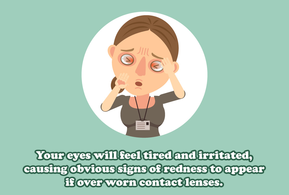 Your eyes will feel tired and irritated,
causing obvious signs of redness to appear if over worn contact lenses.