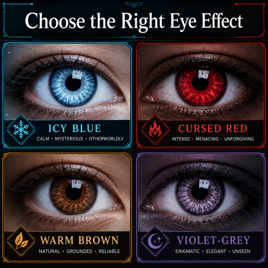 Blue, red, brown and violet-grey cosplay contact lens effects